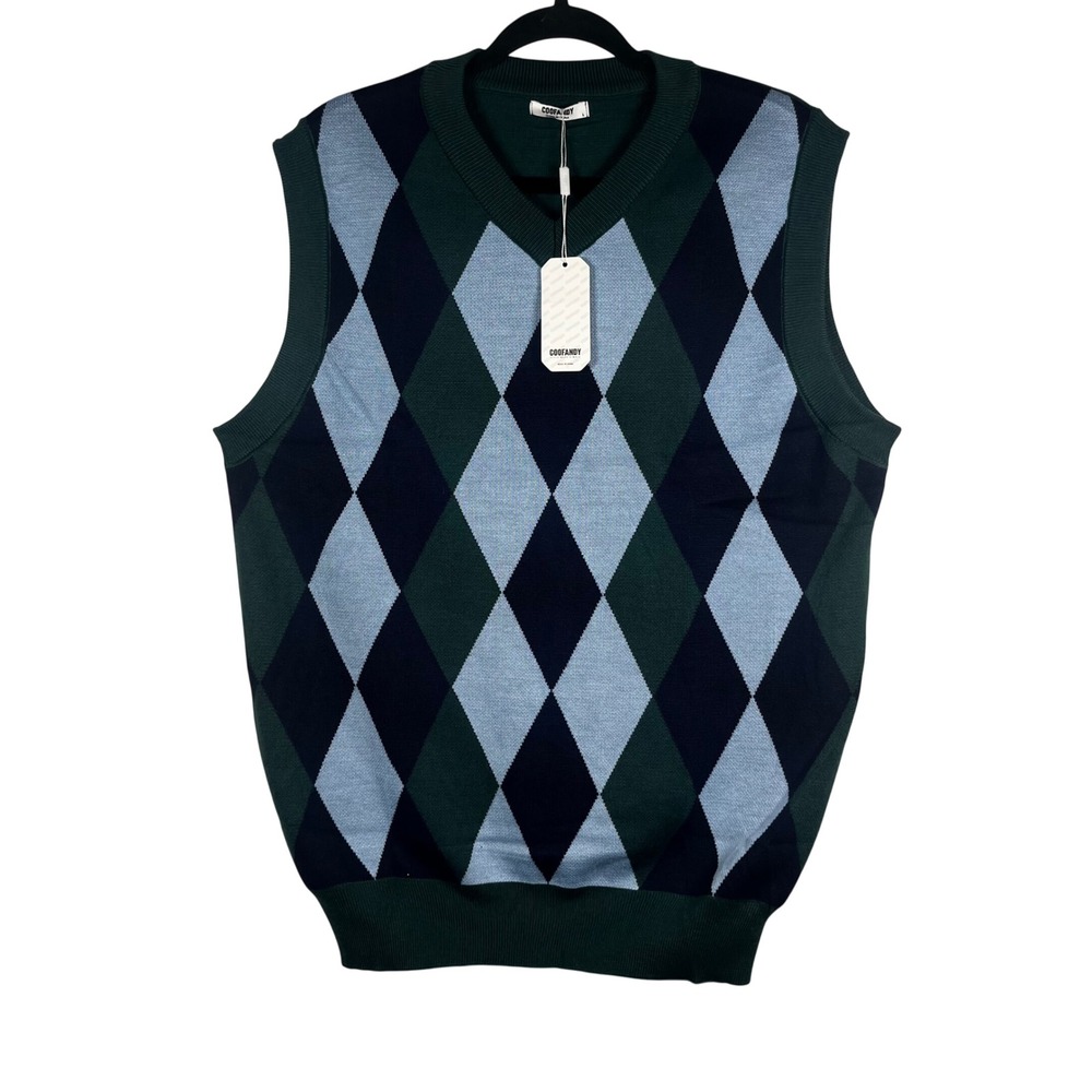 Coofandy Sweater‎ Vest Mens Green NWT Argyle V-Neck Knit Viscose Size Large